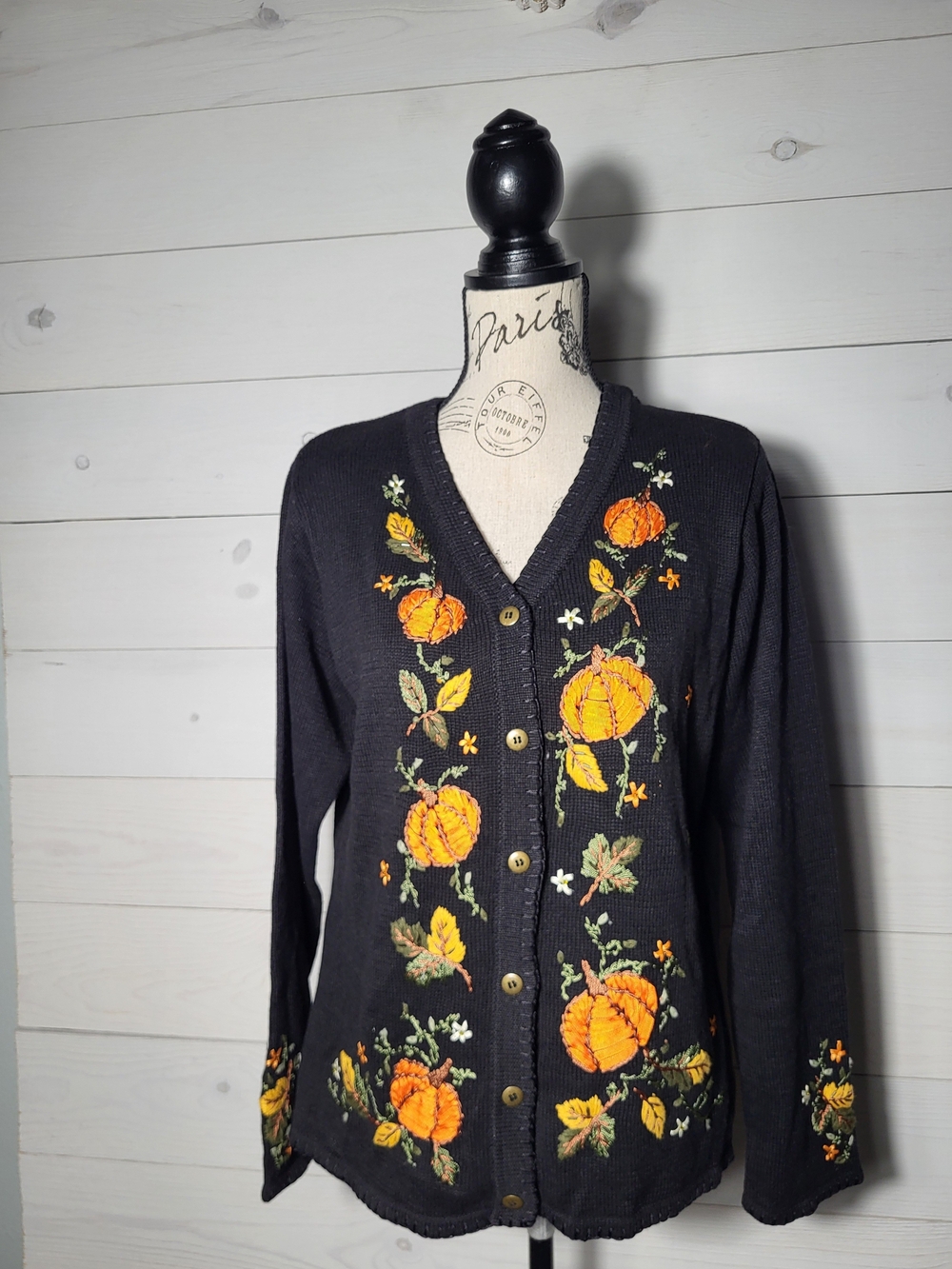 Arriviste Cardigan Fall Embroidery Beaded Pumpkins Leaves Cotton Whimsy Sweater.